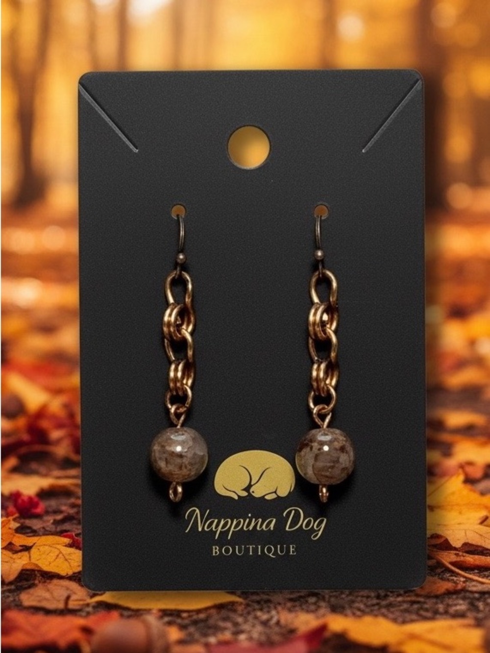 Hand-Wired Copper Chain Dangle Earrings with Brown Stone Beads